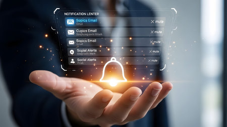 Hand holding holographic notification center with bell icon and various alerts Clear details and ...