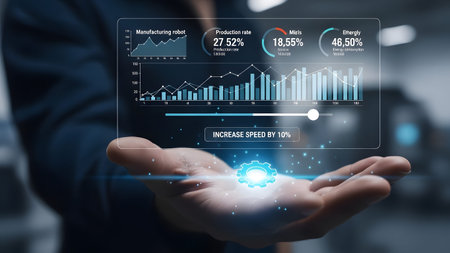 Hand holds holographic industrial manufacturing data panel with charts and control options.