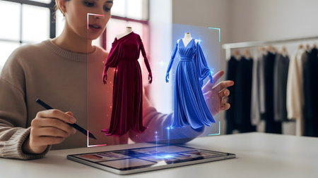 Woman reviews holographic red and blue dresses displayed on a tablet. Clear details and vibrant c...