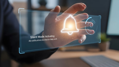 Hand activates silent mode with glowing bell icon and notification text Clear details and vibrant...