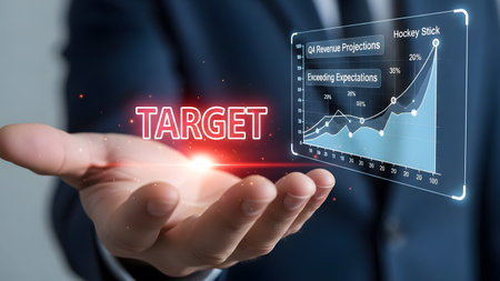 Hand holds holographic target and financial projection graph with upward trend. Clear details and...