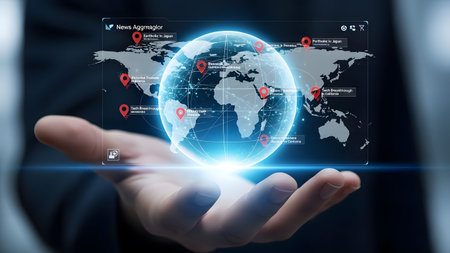 A hand holds a holographic world map displaying news events and data connections. Clear details a...