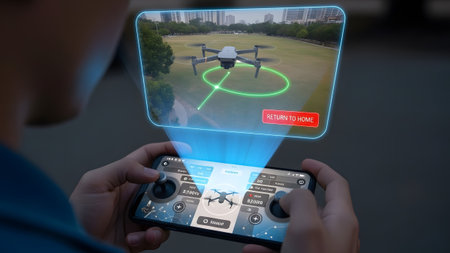 Person using a smartphone to control a drone with a holographic display. Clear details and vibran...