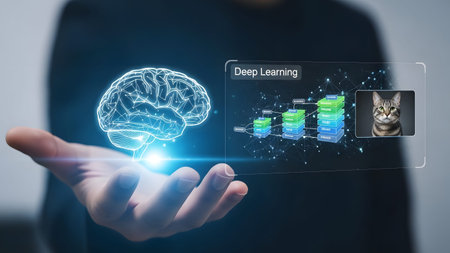 Hand displays holographic brain and deep learning data chart with cat image Clear details and vib...の写真素材