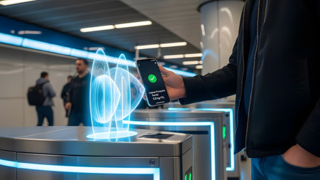 Person passes subway turnstile with phone showing carbon footprint data Clear details and vibrant...