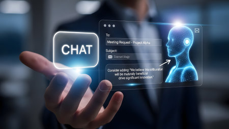 Hand holds holographic AI chatbot and email interface with digital avatar Clear details and vibra...
