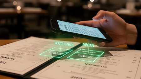 Smartphone scanning a restaurant menu with AR overlay highlighting dietary options. Clear details...
