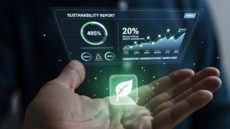 Hand holds a digital sustainability report showing waste reduction and an eco leaf. Clear details...