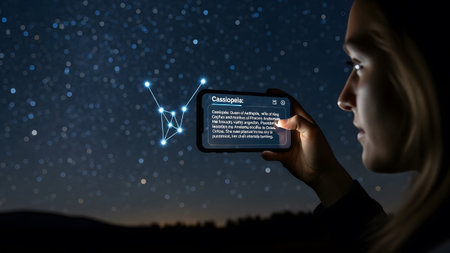 Woman uses smartphone app to identify Cassiopeia constellation in starry night sky. Clear details...