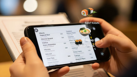 Person uses smartphone AR app to view virtual menu items in a restaurant setting Clear details an...