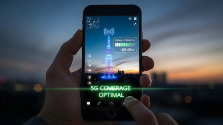 Smartphone shows a 5G coverage map with signal strength indicator and tower. Clear details and vi...