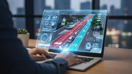 Person interacts with a futuristic traffic flow management system on a laptop. Clear details and ...