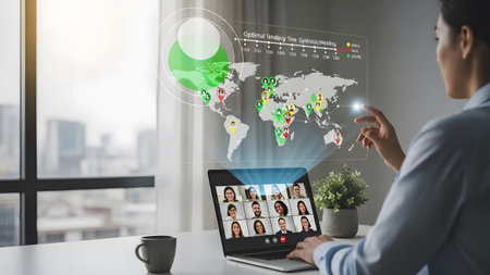 Woman uses laptop with holographic world map for remote meeting coordination and data analysis