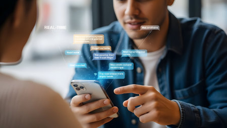 Two people interacting via smartphone with holographic chat bubbles displaying real-time messages