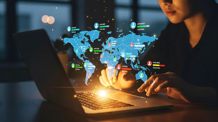 Woman using a laptop with a holographic world map displaying connection data and people.
