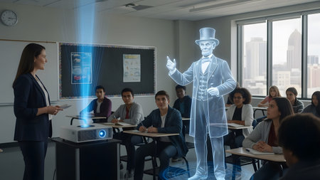 Teacher stands by a projector displaying Abraham Lincoln hologram in a classroom. Clear details a...
