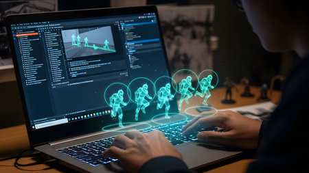 Person programming 3D character animations on a laptop screen. Clear details and vibrant colors e...