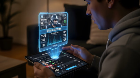 Person views fantasy football team stats on a tablet with a holographic augmented reality display.