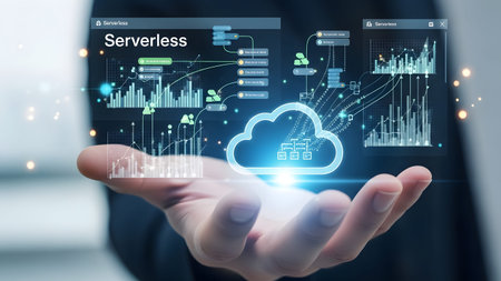Hand holds cloud icon with serverless diagram and data charts on digital interface Clear details ...