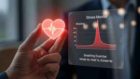 Hand holding glowing heart icon near holographic display showing stress monitor graph Clear detai...