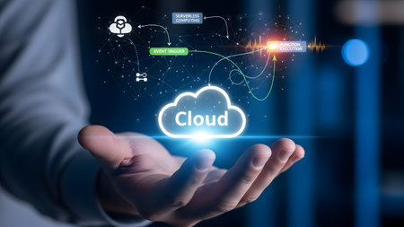 Hand holding cloud icon with serverless computing and event trigger diagram Clear details and vib...