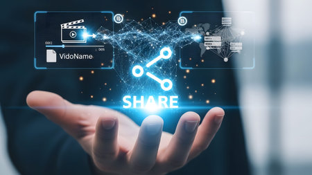 A hand holds a holographic interface showing video file sharing and data transfer icons.の写真素材