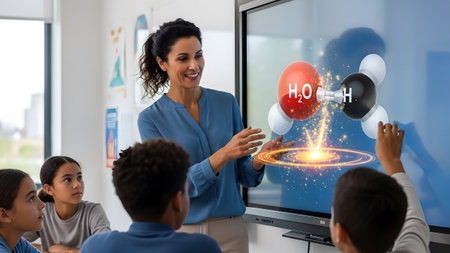 Teacher explaining water molecule structure on interactive screen to attentive students.