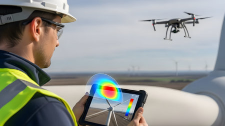 Engineer with tablet and drone inspects wind turbine using thermal imaging technology outdoors.