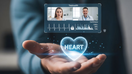 A hand holds a glowing heart icon and a telehealth screen showing a doctor and patient. Clear det...