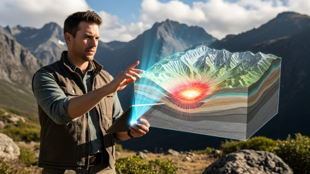 Man uses tablet to interact with holographic geological model of volcano eruption in mountains.