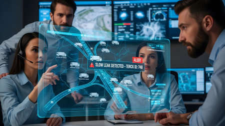 Operators use holographic interface to monitor truck fleet and traffic alerts. Clear details and ...