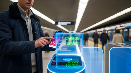 Man scans subway turnstile with phone displaying carbon saved notification Clear details and vibr...