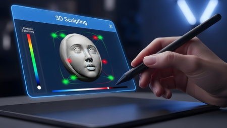 Hand with stylus sculpts 3D face on tablet screen with digital interface elements. Clear details ...