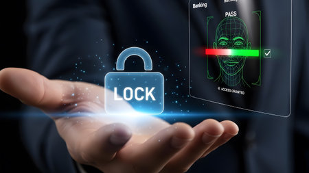 Businessman holds holographic lock icon and facial recognition interface with access granted