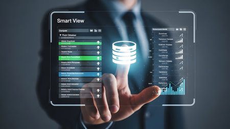 A businessman's finger touches a glowing database icon on a futuristic transparent screen.