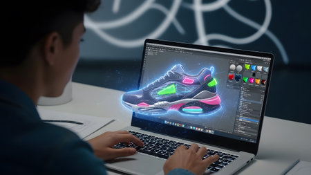 With showing 3d shoe design on laptop screen with neon accents. High resolution image suitable...