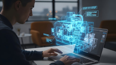 Man working on laptop with holographic 3D blueprint of complex machinery floating above.