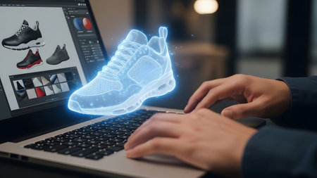 Designer creates a 3D holographic sneaker model on a laptop computer screen Clear details and vib...
