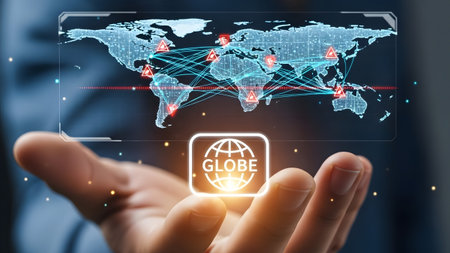 A futuristic map displays global network connections and data points with a globe icon. Clear det...