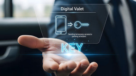 Hand holding glowing digital key hologram with phone sending temporary access to parking attendant.