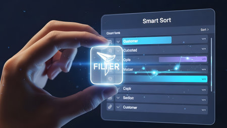 A hand holds a glowing filter icon over a digital screen displaying a sorted list and data.