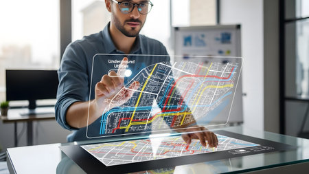 Man touches holographic map displaying underground utilities and city infrastructure on a...