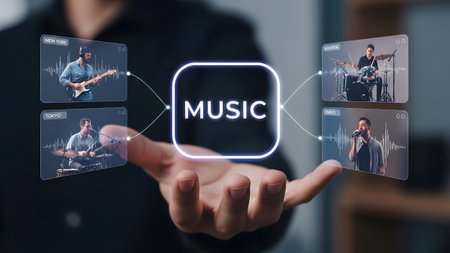 Hand holding holographic display showing musicians from different cities collaborating. Clear det...