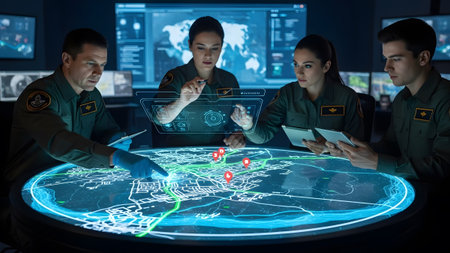 Four people in uniform examine a glowing holographic map table with data displays. Clear details ...