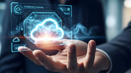 Hand displays a glowing holographic cloud icon with security symbols and data streams. Clear deta...