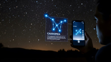 Person uses phone and hologram to identify Cassiopeia constellation in the night sky Clear detail...