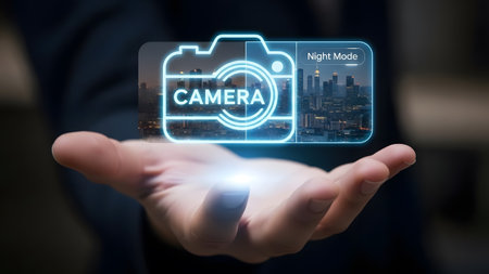 A hand holds a holographic camera interface with a city skyline and night mode option. Clear deta...