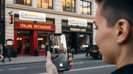 Photo showing person uses ar app to view restaurant reviews on city street. High resolution...