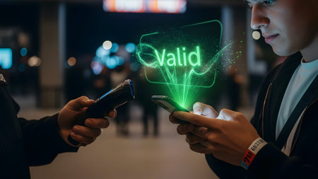 Security scans valid ticket on smartphone at event entrance with glowing holographic display.