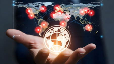 Hand holds a holographic globe and world map with red alert circles and connecting lines.